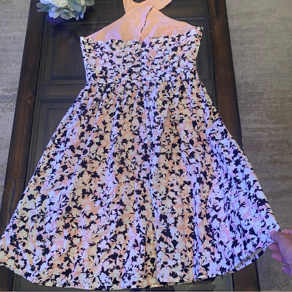 BCBGMaxAzria Linen Blend Pink Black Floral Crisscross Halter Dress - Picture 11 of 12